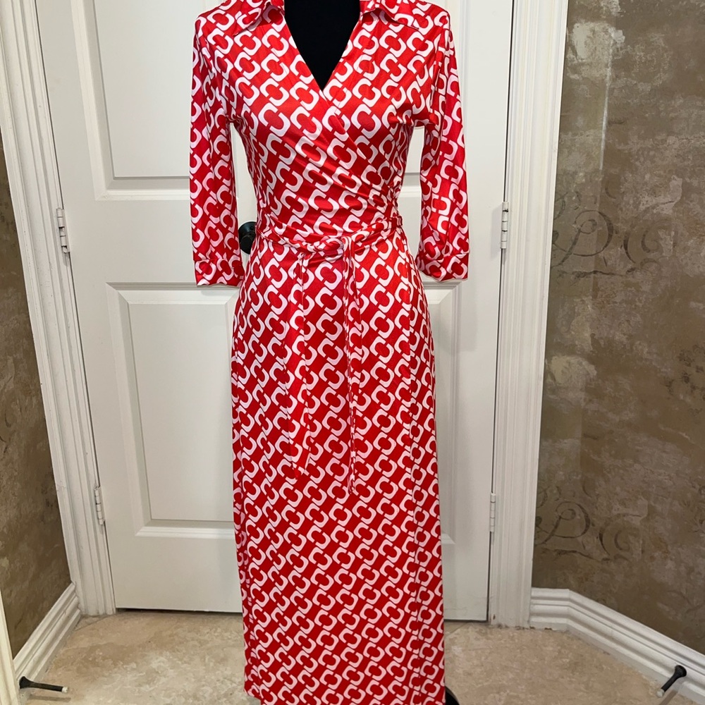 Red and White Patterned Wrap Dress
